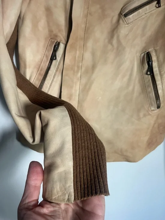 Zara Beige Soft Leather Moto Jacket w/Brown Ribbed Sleeves - Size M (runs small) - Picture 3 of 6